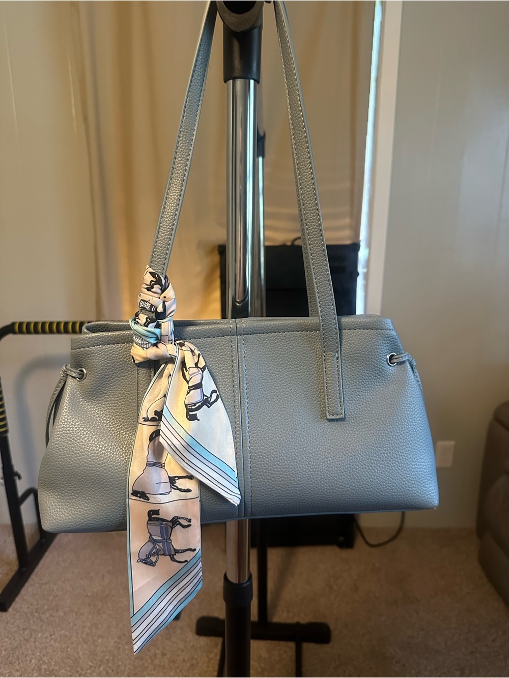 Light Blue Leather Shoulder Bag with Scarf